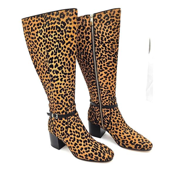Michael Kors Ella Leopard Print Calf Hair Block Heel Boot 6 - Picture 1 of 5